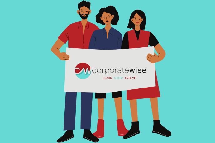 Cartoon image of millennial managers holding a CorporateWise banner